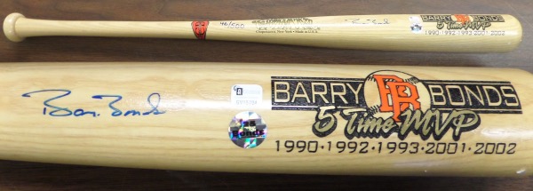 This top notch item is a custom made bat from the Cooperstown bat Company, and honors the 5-Time MVP amazingly! It has lots of Giants black and orange colors in it, comes barrel signed by Barry in bold blue sharpie, and is numbered and limited to just 500 pieces in the world. Add in his own, and the Global lifetime holograms, and you have an easy investment decision to make. 