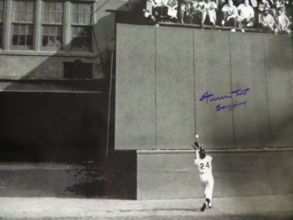 This giant 16x20 B&W image is from 1954 and shows the 90 year old HOF making "The Catch" vs. Vic Wertz. It is a gem, comes perfectly blue sharpie signed, and has his own "Say Hey" hologram affixed for lifetime certainty. Some edge dings which are normal, but a 10 otherwise!  