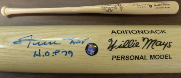 This mint 1950-60's styled Pro-Model bat is his signature model from Adirondack, comes barrel signed in clean, bold blue sharpie, and with "HOF 79". It has his OWN "Say Hey" Mays hologram affixed, and value is $795.00 all day long. Solid Cooperstown buy and hold investment, and sold here with NO reserve! 