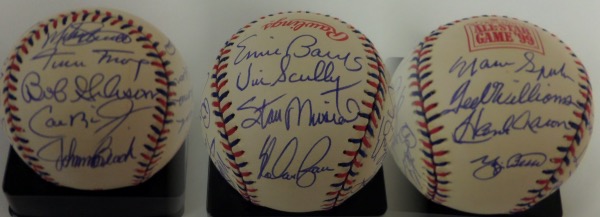 This Official 1999 All Star Game baseball from Rawlings is cubed in NM condition, and is laced in red and blue.  It comes hand-signed all over in blue ink by 19 members of the famed All Century Team, chosen in 1999.  Included are Hank Aaron, Willie Mays, Clemens, McGwire, Ripken, Banks, Berra, Griffey, Spahn, Schmidt, Bench, Williams, Koufax, Scully, Musial, Rose, B. Robinson, Gibson and Ryan.  A stunning baseball with so many all time greats, and with 8 now deceased, retail is low thousands!!!