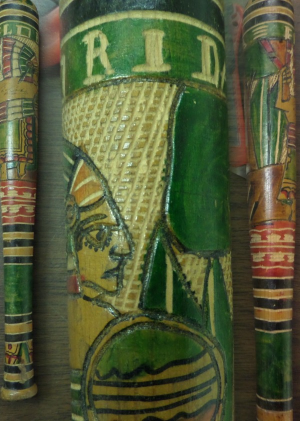 This beautiful and colorful Native American hand-carved and painted bat shows lovely imagery and is in EX/MT overall condition.  It is from the estate of HOF pitcher Chief Bender!  It is also barrel-signed in black by Tigers/A's HOF great and all time batting champ, Ty Cobb.  A truly phenomenal piece of unique memorabilia, valued well into the thousands, and just TRY to find another like it!