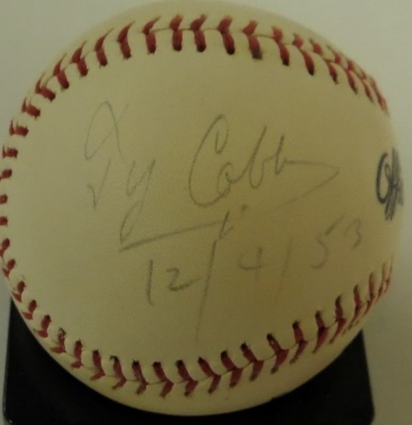 This vintage Official 97 League baseball from MacGregor is still in EX shape overall, and comes hand-signed on a side panel in black ink by original 1936 HOF'er, Ty Cobb.  The signature is lighter, grading about a 5, and includes a 12/4/53 dated inscription, and this wonderful collector's ball is valued well into the thousands!