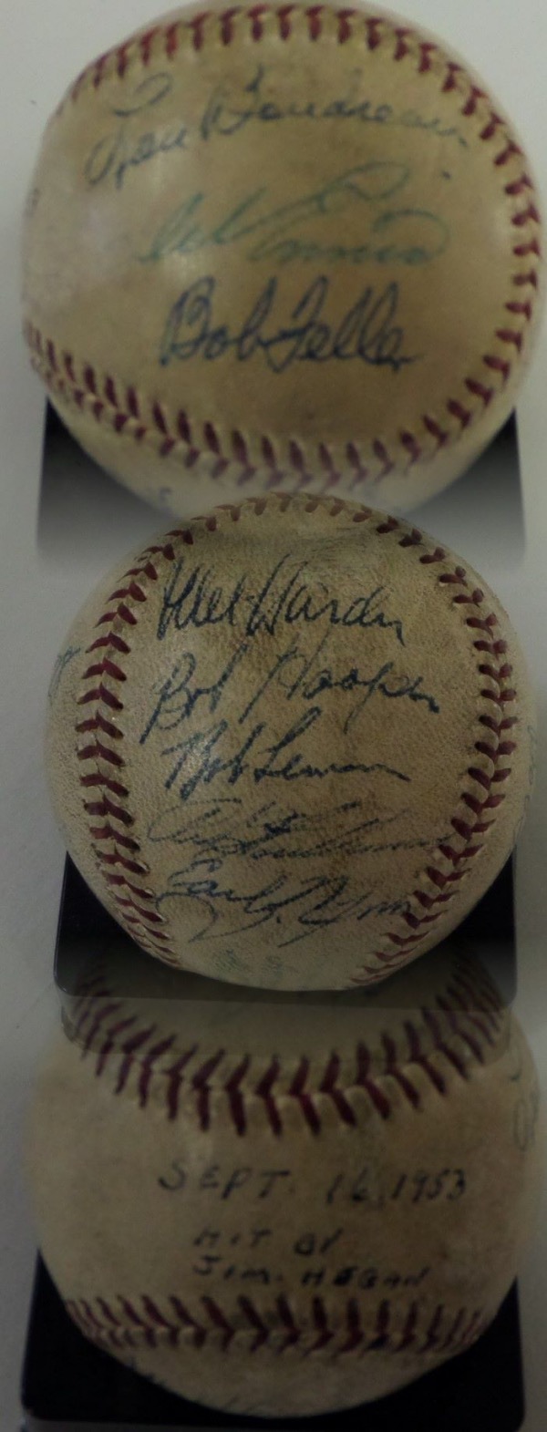 This vintage Official American League Baseball from Reach is still in F/G shape overall, and reads SEPT. 16,1953, HIT BY JIM HEGAN on one of the sweet spots--so it looks like this one was a gamer!  It is hand-signed by 7 Indians and 3 Phillies--probably later, as these teams did not play on that date--including Bob Lemon, Early Wynn, Bob Feller, Lou Boudreau, Mel Harder, Bob Hooper, Art Houtteman, Curt Simmons, Del Ennis and Stan Lopata.  That's 4 HOF'ers in total, and with each and every last player on here now deceased, retail is high hundreds to low thousands!