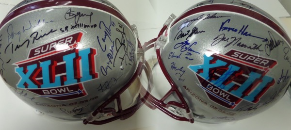 This mint full-sized Riddell helmet is from Super Bowl XLII and comes sharpie signed by almost every Super Bowl MVP there ever was. I see rare guys appearing like Riggins, Jake Scott, Howley etc. as well as legends like Namath, Bradshaw, Starr, Franco, Csonka, Brady, Rice and many, many more. Overall and honest 9 is in order here, and value is $3500.00 all the live long day. 