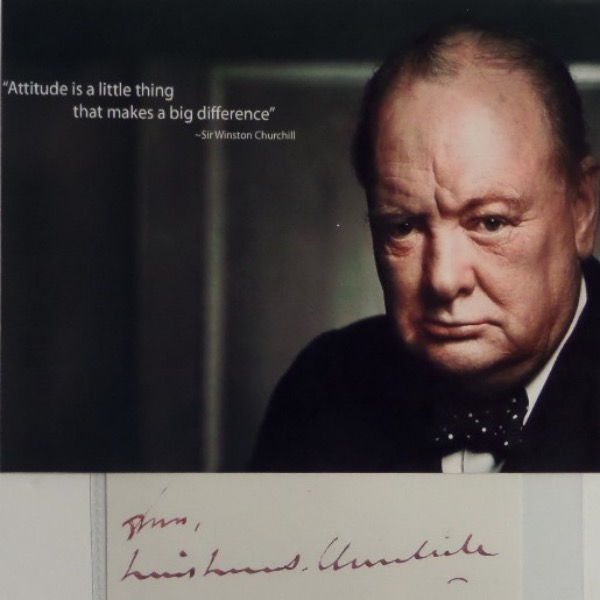 This vintage cut of white paper measures about 2.25x5, and features a RED fountain pen ink signature of British Prime Minister and WWII global figure, Winston Churchill.  This is a very nice-looking autograph, grading about a 7, and it comes with a color photo to make your very own framed/matted display.  Valued into the low thousands!