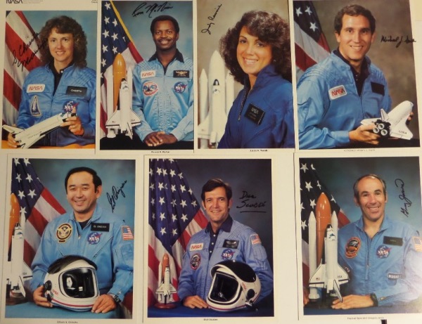 This incredibly RARE group chance is SEVEN full color NASA issued 8x10 photos, one of each of the seven crew members of the tragic Challenger 1986 space shuttle mission.  Each is hand-signed by the astronaut pictured, including Christa McAuliffe, Robert McNair, Judith Resnik, Michael Smith, Ellison Onizuka, Dick Scobee, and Gregory Jarvis.  All of these brave people died on this tragic takeoff, and retail on this seven photo lot is THOUSANDS!