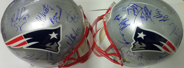 This fantastic collector's chance is a full size Pats replica helmet, signed in blue sharpie by no less than 20 members of their Super Bowl XXXVIII Champion team!  Included are Tom Brady, Rodney Harrison, Ted Johnson, Willie McGinest, Richard Seymour, Adam Vinatieri, Mike Vrabel, and many more--please see our photo, AND there is a list included--and the helmet includes a full LOA from Grandstand Sports & Memorabilia for rock solid authenticity.  Retail=$4500!!!!!