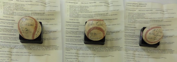 This vintage, red-laced Official NL baseball from Spalding is cubed in VG overall condition, and comes black ink-signed by 11 legends of the game who participated in the 1939 opening ceremonies of the Baseball Hall Of Fame And Museum.  Included are Babe Ruth (ss), Eddie Collins, Walter Johnson, George Sisler, Tris Speaker, Honus Wagner, Connie Mack, Grover Alexander, Larry Lajoie, Ty Cobb and Cy Young, with signatures grading strong 7's-7.5's, and the ball is fully certified by court-qualified forensic science expert, Chris Morales for authenticity purposes.  Valued well into the thousands and an absolute MUST HAVE item for serious collectors!