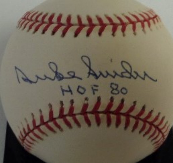 This Official Major League Baseball is cubed in EX/EX+ condition, and comes hand-signed across the sweet spot by Brooklyn Dodgers all time great, Duke Snider.  The signature grades a gorgeous 9, including a HOF 80 inscription, and with Snider no longer among the living, retail value here is well into the hundreds!