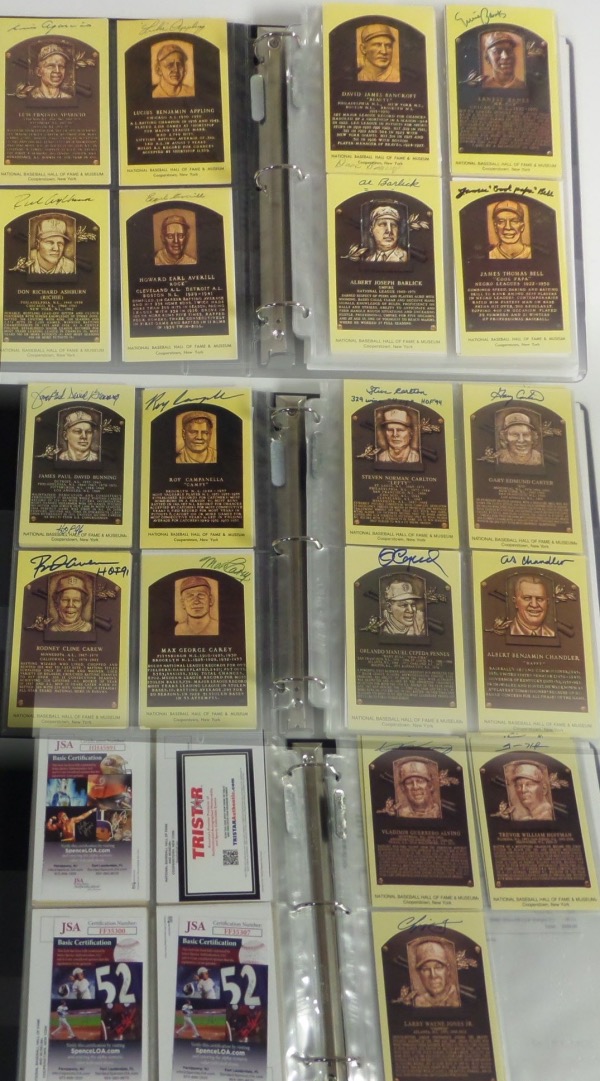 I honestly think it's fair to say that you're probably never going to see this opportunity again, at least with all of these amazing plaque postcards in one place.  This binder is filled with ONE HUNDRED EIGHTY hand-signed gold plaque postcards.  Tons of legends here, including Aaron, Alomar, Ashburn, Banks, Bell, Berra, Campanella, Carlton, Carter, Cronin, Doby, DiMaggio, FOXX, Frisch, Gehringer, Gibson, Greenberg, Grove, Hubbell, Hunter, Kaline, Koufax, Leonard, Mantle, Mays, McCovey, Paige, Puckett, F. Robinson, J. Robinson, Ruffing, Ryan, Schmidt, Snider, Spahn, Terry, T. Williams, Wheat, Traynor, Yaz, Piazza, Griffey, and more.  Many of these cards are individually-certified, and those are included in the binder as well.  No matter how you slice it, this is truly a once in the hobby opportunity, and retail potential here is absolutely stroke-inducing!!!