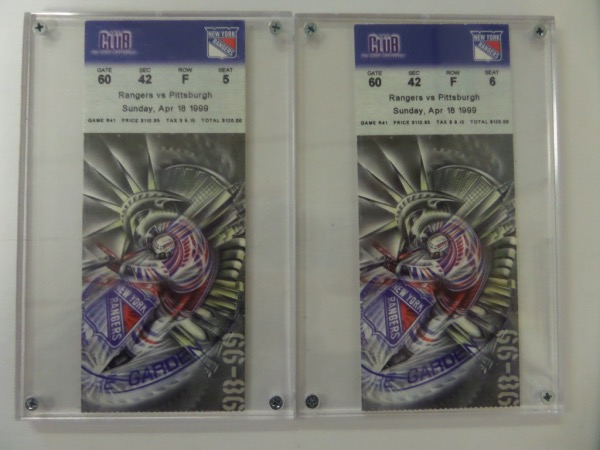 This lot is TWO stubs for one money, and both are real tickets, NOT the Ticketron crap. They are from the Rangers/Penguins game in Madison Square Garden, April 18th 1999, and slabbed and ready to invest in. Both appear in great shape with NO creases, and lot value is ?