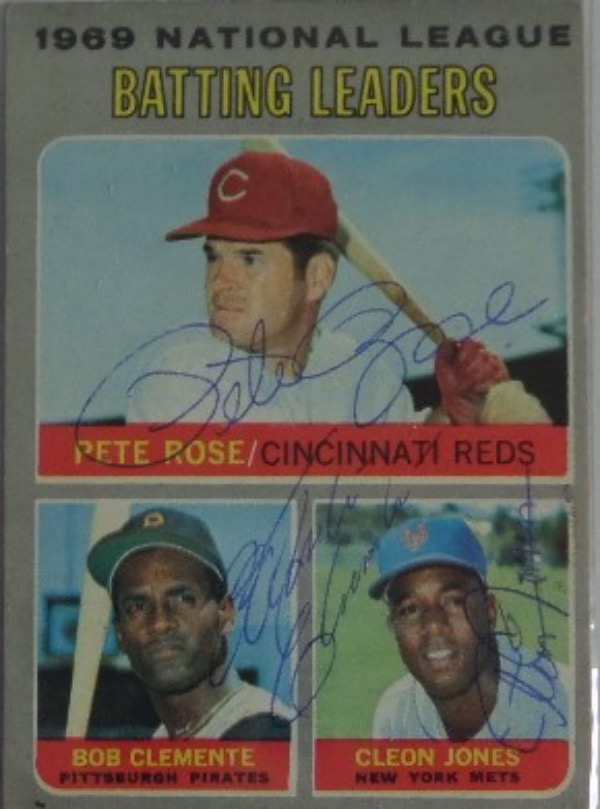 This vintage 1970 Topps #61 "Batting Leaders" trading card is in VG+ condition overall, and comes blue ink signed by Pete Rose, Mets' Cleon Jones and deceased Pirates legend Roberto Clemente!  The signatures herein are very clean, and each grades 7-8 overall.  This is a wonderful collector's item that books into the mid to high hundreds!