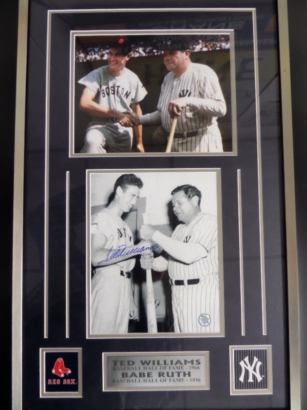 This custom double matted and PRO framed wall hanging is about 3 feet long, holds 5 custom cutouts from "Teddy Ballgame", and has a GFA hologram for lifelong certainty. It has TWO photos of Ted alongside Babe Ruth, one of those comes boldly blue sharpie signed, and value of this special display is about a grand. Yes, it is that NICE!!!