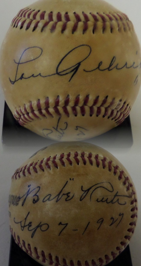 This very old, red-laced Junior League baseball from Spalding is still in VG shape, with a light coat of shellack remaining.  It is hand-signed across the sweet spot by Yankees Iron Horse, Lou Gehrig, and on the bottom panel by his pretty famous teammate, Babe Ruth.  Signatures are protected and STRONG, grading 8's apiece, at least, and Ruth has added a Sept 7, 1927 dated inscription--incidentally, this was the date in which Babe went 4-5 in the game with TWO long balls, which contributed to his record-smashing total of 60 that year.  A simply spectacular baseball, and retail has got to be SIX FIGURES!!!!!!!!