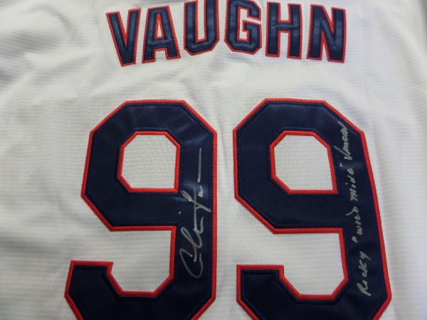 This custom home white "Vaughn" jersey is authentic-style and comes signed on the back #99 by Charlie in silver with his character name included and his nickname!  Gorgeous for display and a must for the Major League movie fans out there. 