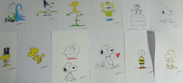 Included in this amazing lot are 11 pieces all done in this deceased legends hand the depict characters from this hit comic strip. Each comes signed by Charles and they are all at least 9"x11" in size on artists thick stock paper! GORGEOUS pieces with some colors and included are Snoopy, Woodstock, etc.  WOW!