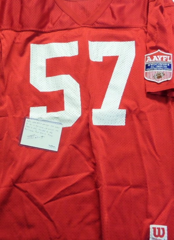 This high ticket item is a road red from his high school days, worn by the future NFL HOF defender, and comes with a JSA approved hand written note from Watt himself. Cool item, a super rare one of a kind we're sure, and donated to a Texas Hurricane Fund by Watt as well. 