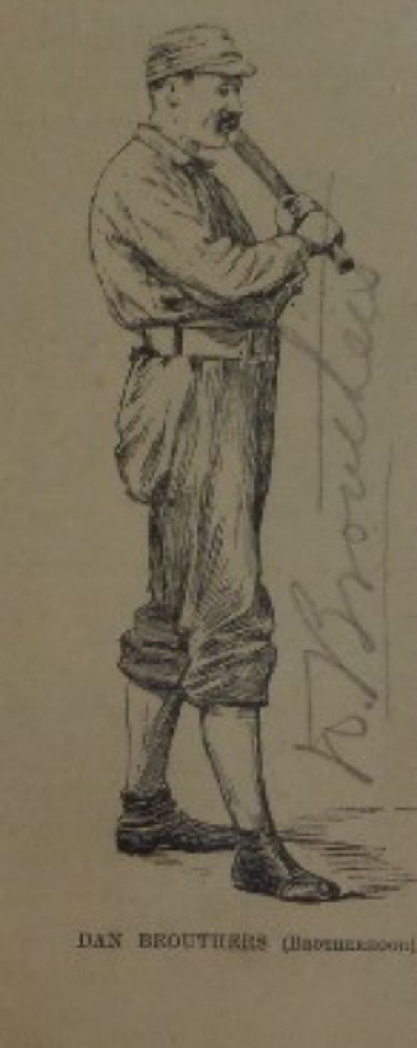 This cut is from an original issue of Harper's Weekley.  It measures 2.5x5.5, and is an excellent B&W image of HOF slugger and 1st baseman, Dan Brouthers.  It is pencil-signed by the inaugural 3000 hit maker, reading D.Brouthers, and grades an overall 6.  Small in stature, but long on value, this tiny photo still books in the low thousands!