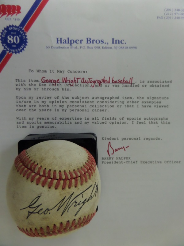 This vintage red-laced baseball is in G shape overall and comes signed right across the sweet spot superbly by professional baseball's very first superstar, Cincinnati Red Stockings shortstop, George Wright.  Great autograph and comes with a COA from Halper Bros., Inc. for authenticity purposes. Super high book value, meaning thousands!