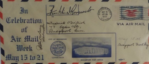 This large cachet is in EX shape, is large, measuring 4x9.5, and commemorates the Celebration of Air Mail Week in Connecticut.  The cachet comes hand signed in black fountain pen ink by FDR himself, his signature grading a strong and bold 8, and with his death now nearing 80 years ago, retail is well into the thousands!  Joe DiMaggio Estate LOA provided!