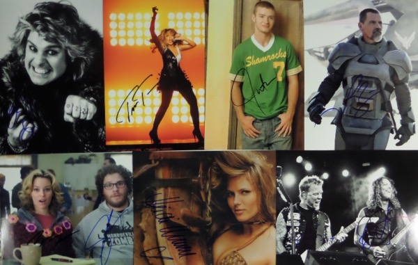 This fantastic group of celeb photos totals FIFTY, and each is hand-signed by the celeb(s) shown.  Included are Ozzy Osbourne, Seth Rogen/Elizabeth Banks, Tina Turner, Heidi Klum, James Hetfield/Kirk Hammett, Jason Statham, Ed Sheeren, Reba McEntire, Luke Wilson, Justin Timberlake, Tom Hanks, Josh Brolin, Emily Kinney, Kate Beckinsale, Billy Corgan, Adam Levine, David Duchovny, Maria Sharapova, Kara Del Toro, Bradley Cooper, Jason Momoa, Liev Schreiber, Huey Lewis, Zoe Saldana, Claire Danes, Tina Fey, Mary Elizabeth Winstead, Halle Berry, Miley Cyrus, Ashton Kutcher and more.  Retail is well into the thousands!