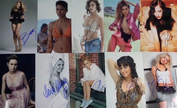 This amazing grouportunity is no less than 100 different 8x10 photos, each an image of a super sex kitten female celeb.  Each is hand-signed by the star pictured, and included are marquee names like Beyonce, Christina Aguilera, Emily Van Camp, Chloe Moretz, Grace Park, Eva Green, Brie Larson, Maggie Grace, Nicola Peltz, Heidi Klum, JLo, Jane Seymour, Lainey Wilson, Emmanuelle Chrique, Kate Mara, Gigi Hadid, Katy Perry, Catherine Zeta Jones, Anna Kendrick, Mira Sorvino, Karen Gillan, Lauren Cohan, Zoe Saldana, Sarah Michelle Gellar, Denise Richards, Halle Berry, Alessandra Ambrosio, Rose Byrne, Emma Roberts, Pauley Perrette, Uma Thurman, Daisey Ridley, Britney Spears, Pink, Scarlett Johansson, Angelina Jolie, Keira Knightley, Cameron Diaz, Mila Kunis, Mila Jovovich, Tyra Banks, Jenny McCarthy (NUDE) and many more.  WOW!  What a collection, and retail is WELL up into the thousands!