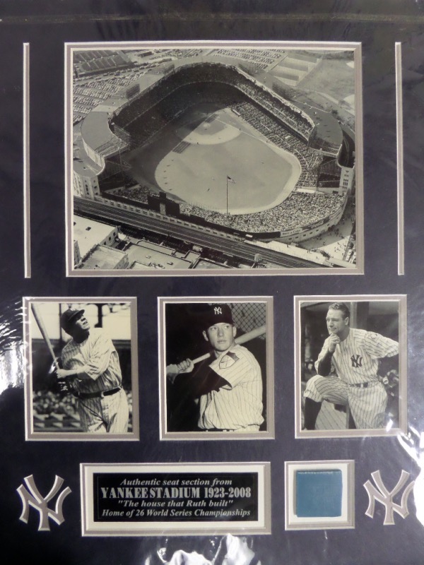 This real Steiner certified piece is a real seat cushion swatch from the old Yankee Stadium, which was torn down in 2008. It comes matted with many other Yankee items, player pictures, an aerial view of that stadium, a custom engraved placard etc. etc. etc. Great look, pro double matted, and easy on the eyes.  