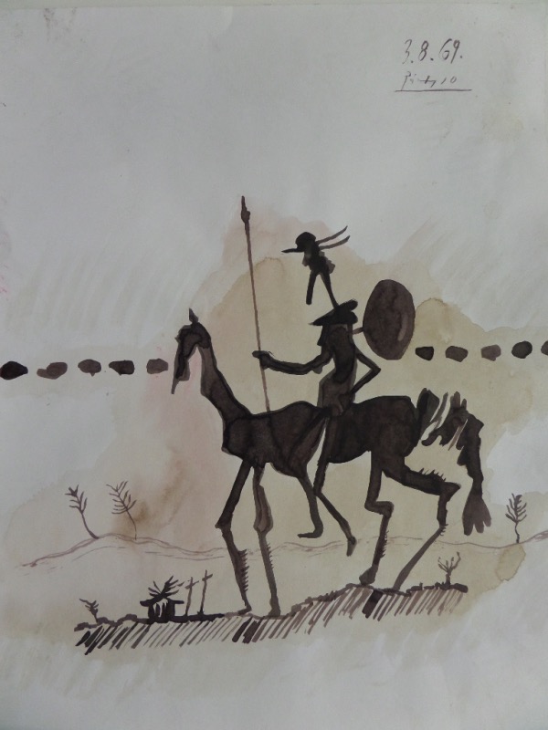 This awesome watercolor work is hand signed in the upper right corner, measures near 11x17 in size, and shows a warrior riding a horse with black & brown color in it. Heavy stock paper, no marking on the back, but easily shown off from 30 feet away. It is almost Halloween-like, and typical Picasso style. One of my all-time favorite Picasso's, and sold here with NO reserve.