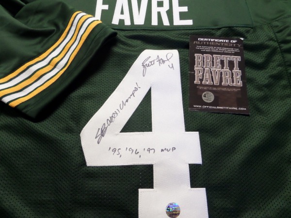 This mint road green is trimmed in team white and gold colors, has sewn on everything as well as name on back, and comes back #4 signed by the tough HOF QB. It comes with added, written MVP and SB Champ inscriptions, grades a 10 in bold black sharpie, and..even comes with his own companies COA and matching numbered holograms for iron clad certainty.