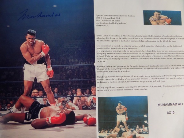 This full color 8x10 photo shows Ali standing over a beaten down Sonny Liston, immediately after Ali administered the now-famous "phantom punch". It comes boldly blue sharpie signed by the late HOF Great across his chest, shows off EZ from 14 feet away, and has a COA included from Sports Cards Memorabilia & More for certainty. 