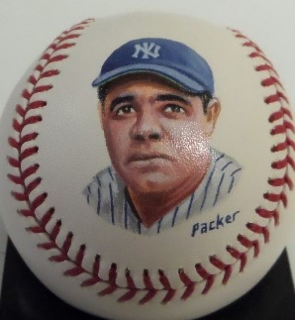This all by hand gem is from noted sports artist Gregg Packer and is a gem, done on a 2003 NY Yankees 100th Anniversary ball. It is a clean awesome 10 all over, shows the HOF slugger in color on a side panel, and value is mid-hundreds on the only one in the world!