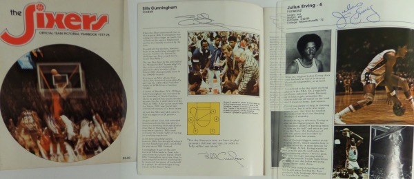 This one of a kind collector's item is an Official Team Pictorial Yearbook for the 1977-78 Philadelphia 76'ers.  It is hand-signed on the inner pages in ink by no less than 20 players, coaches and execs, including Julius Erving, Billy Cunningham, Doug Collins, Pat Williams, Chuck Daly, Maurice Cheeks, Henry Bibby, Joe Bryant, Darryl Dawkins, World B. Free, Caldwell Jones, Bobby Jones and more.  That's a ton of star power and some serious HOF names, all on one piece, which is an absolute MUST for the serious Sixers collector!