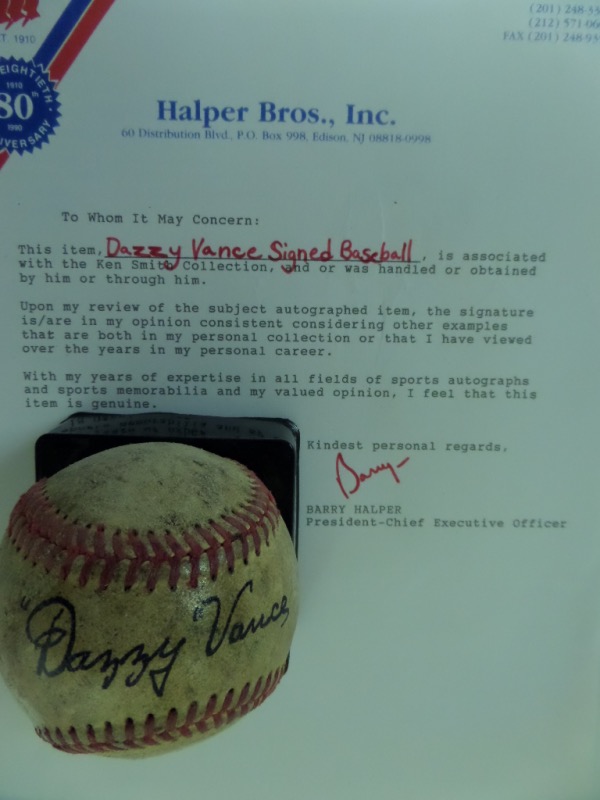 This very old, red-laced and unlabeled baseball is in G overall condition, and comes hand-signed across the sweet spot by 1924 NL MVP, Dazzy Vance.  The signature, which is in black fountain pen, grades a legible 7, and the ball comes with a full photo LOA from Halper Bros., Inc. for authenticity!