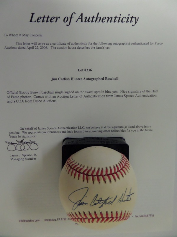 This Official American League Baseball from Rawlings is cubed in EX shape overall, and comes hand-signed across the sweet spot in blue ink by HOF A's/Yanks righty, Catfish Hunter!  The signature, reading Jim Catfish Hunter, grades an overall 8.5, and the ball comes with a full LOA from JSA for authenticity purposes.  With Hunter deceased now a quarter of a century, retail is mid hundreds!