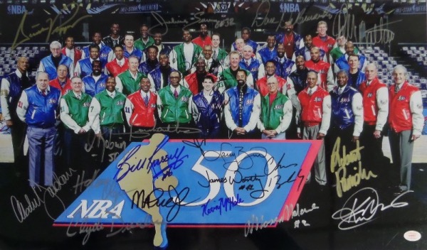 This amazing, full color 11x19 photo shows 47 of the 50 Greatest NBA Players, and comes hand signed by 20 of them!  Included are Robinson, Russell (dec), Drexler, Johnson, Jabbar, Olajuwon, Pippen, Erving, Jordan, Bird, Stockton, Worthy, McHale, Malone, Barkley, Parish, Malone (dec), Walton, DeBusschere (dec), and Thomas, and this amazing looking piece will frame and display incredibly well in any cager's collection!