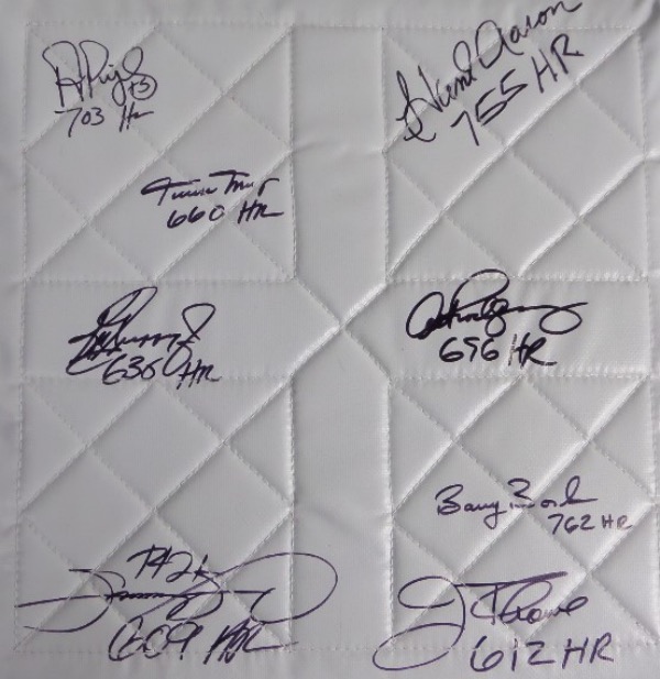 This 15x15 MINT white base from Rawlings is hand-signed in black sharpie by 8 of the 9 members of the RARE 600 Home Run Club, including Aaron, Griffey Jr, Thome, Mays, Sosa, Bonds, Pujols and ARod.  Awesome looking jersey, a MUST for framing and display, and retail is thousands!
