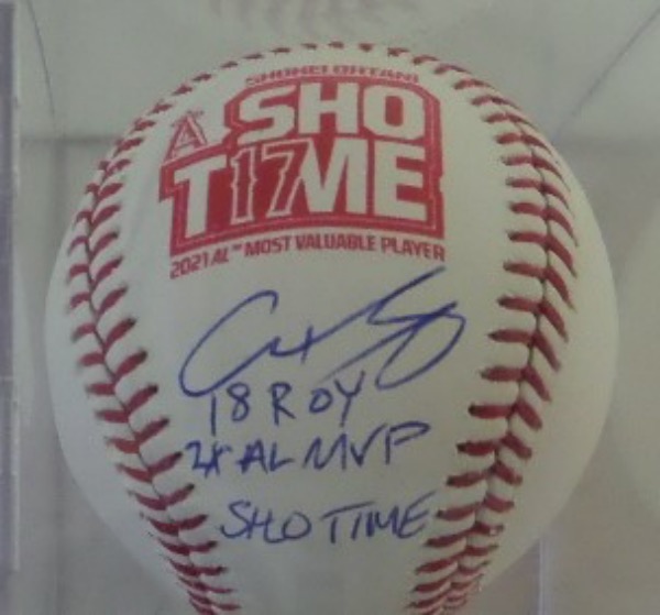 This Angels "ShoT17me" logo baseball is in NM/MT condition, and comes side panel-signed in blue ink by the AL MVP himself, pitcher/outfielder, Shohei Ohtani.  Signature here is an 8.5 at least, including 18 ROY, 2X AL MVP and SHO TIME inscriptions, and the ball is valued well into the hundreds!