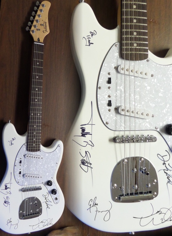Wow, this mint and great-looking white electric guitar comes signed 5 of the longtime members of this amazing rock band. The signatures all show off wonderfully on this gorgeous guitar and included are JOE WALSH, GLENN FREY (deceased), DON HENLEY, TIMOTHY SCHMIT, & DON FELDER!!  Very rare with Frey's signature and retails into the thousands easily. Guaranteed authentic. 