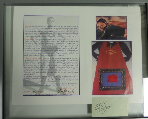 This iconic wall hanging holds not only a signed 3x5 card from the TV star who played Superman on the TV series, but also a piece of his famous cape as well. There is a full 8x10 letter here for certainty, and only 500 swatches of that cape are in existence. Great look, read and buy and hold investment.