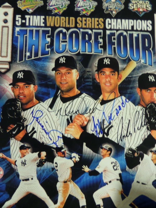 This 18x24 custom vinyl work is well done, full color, and shows all 4 NYY teamates in a custom image. It comes black and blue sharpie signed on great spots, shows off well from 50 feet away, and is valued in the thousands. It is a must frame work, and begs to be matted, framed and shown off proudly. Amazing colors on this gem!