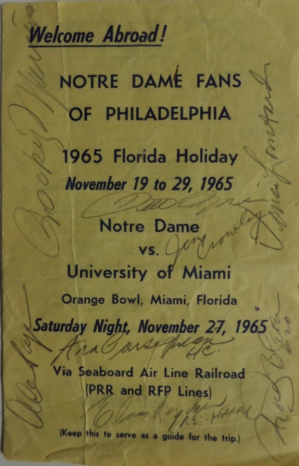 This pamphlet for the 1965 contest between Notre Dame and Miami was a guide for the trip for the Irish fans and alum who traveled to Miami for the game.  It is in VG shape, and is pencil-signed on the front by 7, including legendary Four Horsemen Jim Crowley and Frank Layden, Alan Page, Ara Parseghian, Rocky Bleier, Vince Lombardi and former Heavyweight Champion Rocky Marciano.  A truly unique and highly-desirable collector's item!