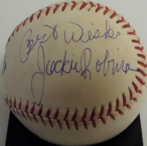 This vintage Little League baseball from Worth is still in EX overall condition, and comes hand-signed in blue ink on the bottom panel by HOF Dodgers pioneer/superstar, Jackie Robinson.  The signature grades an overall 8, including a Best Wishes inscription added in his hand, and retail is well into the thousands!