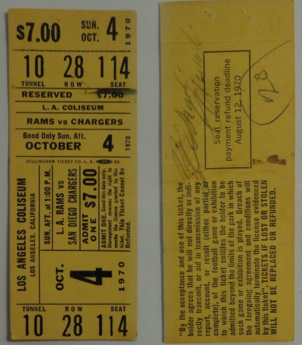 This yellow-colored ticket is for a 1970 contest between the Rams and Chargers at LA's Coliseum.  It is in EX+ shape, and comes hand-signed in pencil on the reverse by Pirates HOF outfielder, Roberto Clemente.  The signature is a legible 5.5, and with his death now more than FIFTY years ago, retail is low thousands!