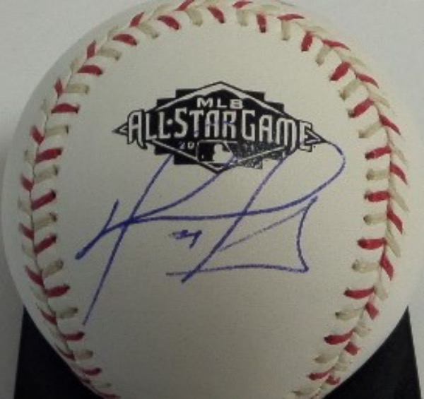 This Official 2011 All Star Game Baseball from Rawlings is in NM shape, and comes side panel-signed in blue ink by Red Sox superstar, David Ortiz.  Signature grades a legible 8-8.5, and the ball will show off brilliantly in any Sox collection.  Valued well into the hundreds!