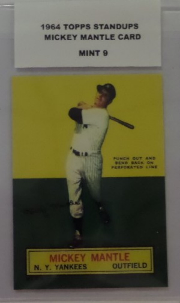 This 1964 Topps Standup card of Mickey Mantle has the Blank Back and is in MInt 9 condition. This card looks great and a great Mantle card to add to your collection.
