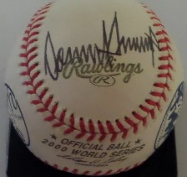 This Official 2000 World Series Baseball from Rawlings is in NM condition, and comes hand-signed in black sharpie on a side panel by 45th United States President, Donald Trump.  Signature here is a very bold, legible 8.5, and since his historic November election and January Inauguration, retail is high hundreds!