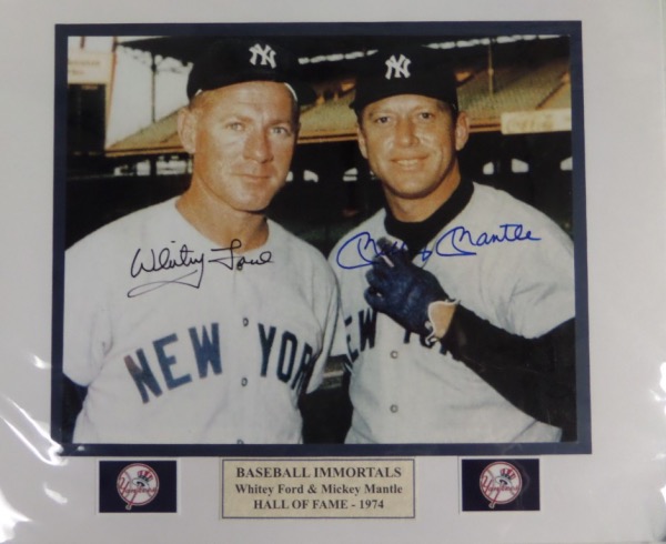 This custom blue and white double matted color image shows Mantle and Ford from 1965 or so, comes hand signed by both NYY late, great HOF'ers in black and blue sharpie, and shows off EZ from 20 feet away. Solid buy, "Baseball Immortals" is its title, and we sell it here with NO reserve! 