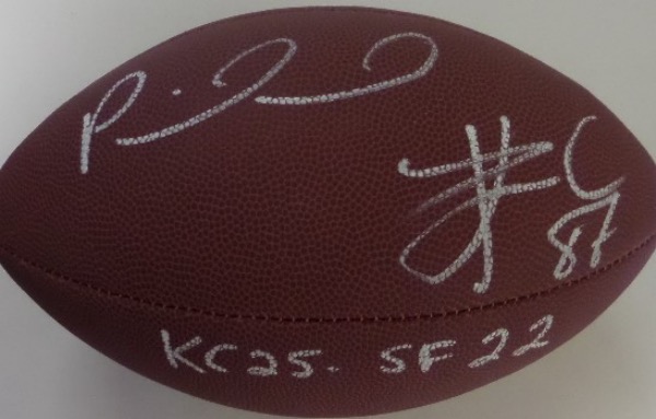 This mint, leather, full-sized ball is stamped by Wilson and comes silver paint pen signed by both Patrick Mahomes and Travis Kelce. It is a gem, grades a spectacular 10 all over, and both signatures are on the same panel for easy show off. 