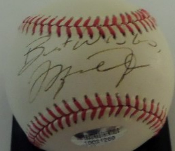 This 1990s' era Comiskey Park commemorative issue is black ink, sweet spot signed by the greatest basketball ever, and by the guy who once tried Minor League baseball in the White Sox organization. "Best Wishes" is added, grade is an honest 8.5 and a lifetime hologram from InPerson Authentics remains intact. 