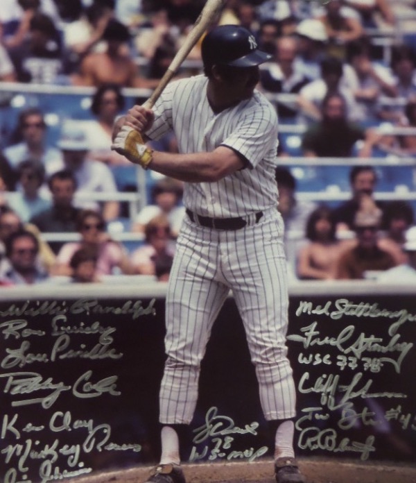 This 11x14 color photo of Thurman Munson batting in a Yanks game is numbered 6/15 at the bottom in silver, and comes silver sharpie-signed by 13 of Munson's 1970's Yanks teammates.  Included are Ron Guidry, Willie Randolphn, Lou Piniella, Mel Stottlemyre, Bucky Dent, Mickey Rivers, and more.  Great looking piece for framing, and retail is easily into the hundreds!
